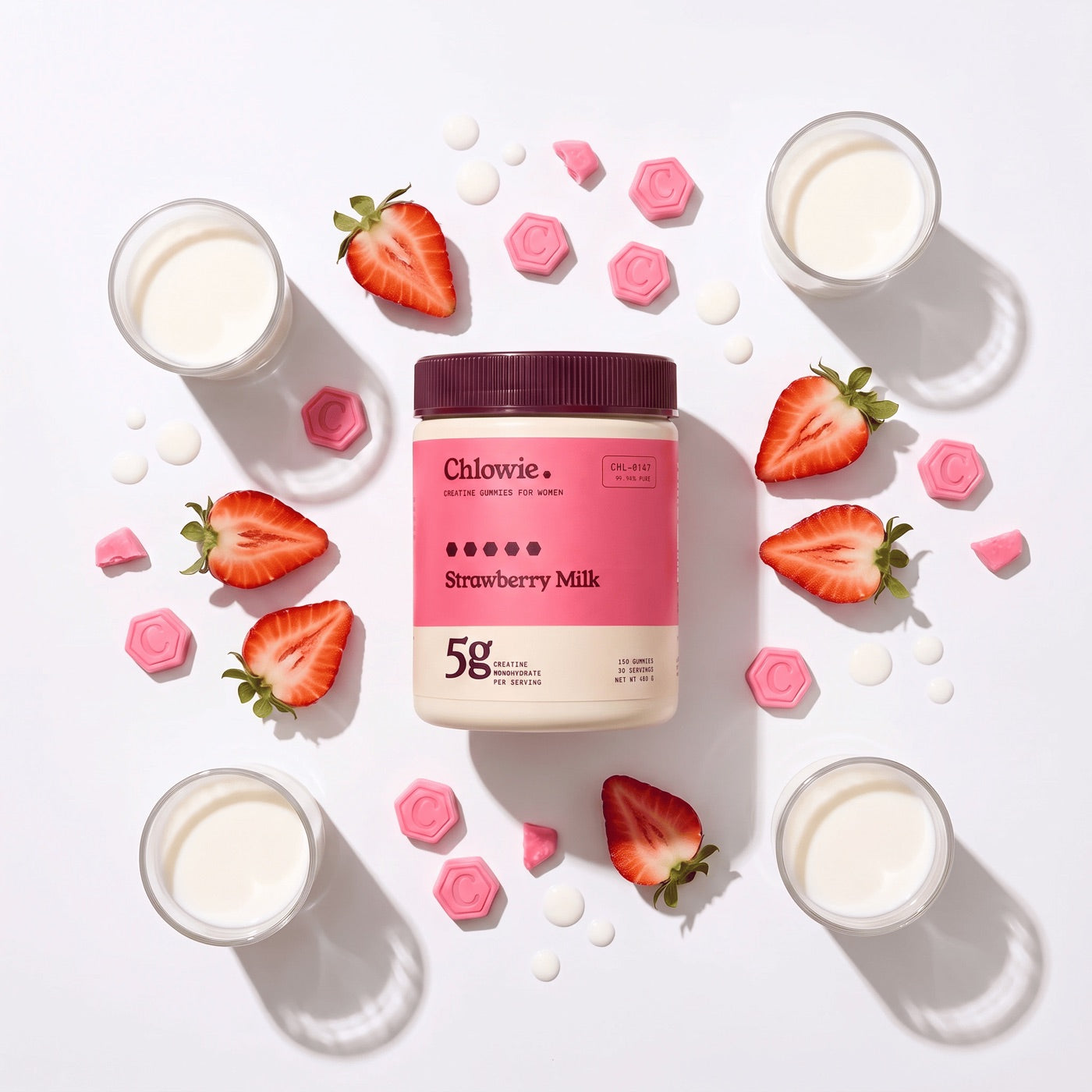 Chlowie Strawberry Milk — jar, strawberries and milk
